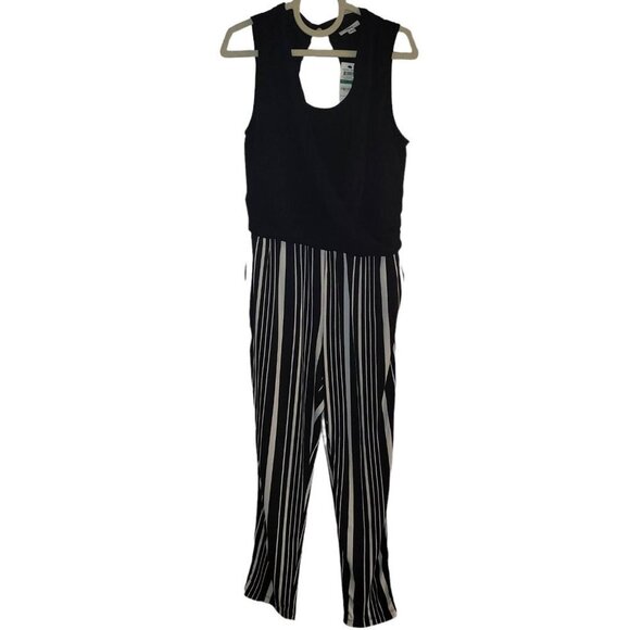 NWT Bar III Draped-Neck Black White Striped Jumpsuit Size Large - Picture 1 of 8